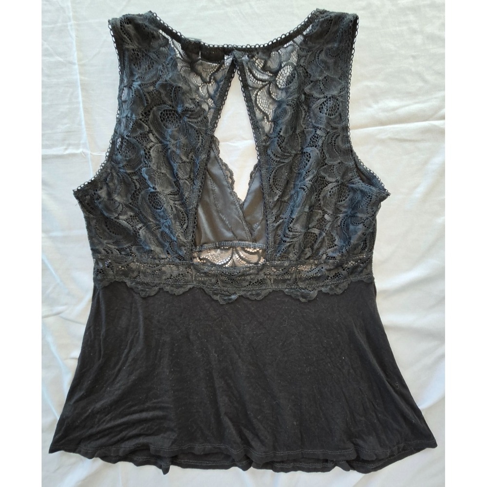 Tahari Black Lace Velour Sleepwear Top Sz L Overlay Sleeveless VNeck Mesh Whimsy - Picture 4 of 14